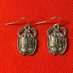 Egyptian Scarab Silver Tone Pierced Earrings